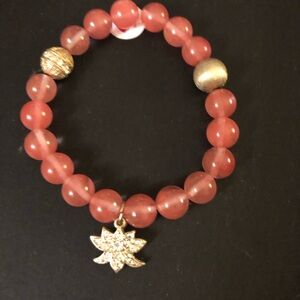 Chic Coral Beaded Bracelet with Gold Charm